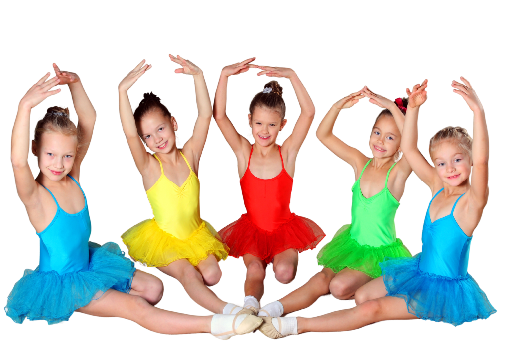Young girls in colorful ballet costumes sitting on floor in a semicircle